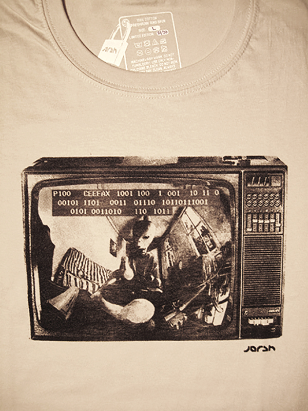 t-shirt with reflection of classic alien pointing remote at 1990's tv